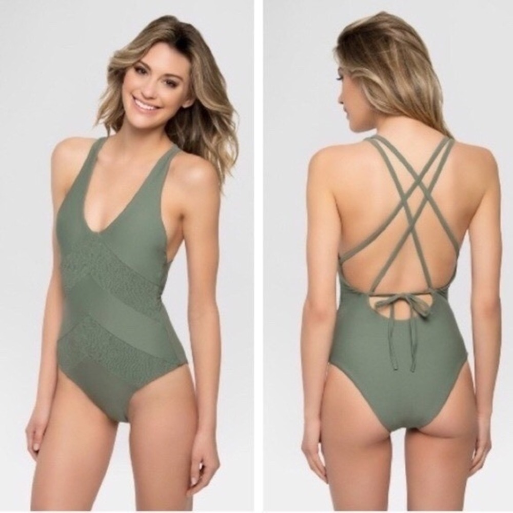 Tori Praver Seafoam One Piece Swimsuit Sage Green Lace Detail Back Tie L Cheeky